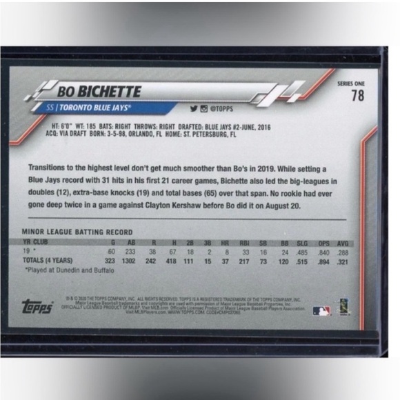 Bo Bichette 2020 Topps Toronto Blue Jays Rookie RC Baseball Card Mint - Picture 2 of 2